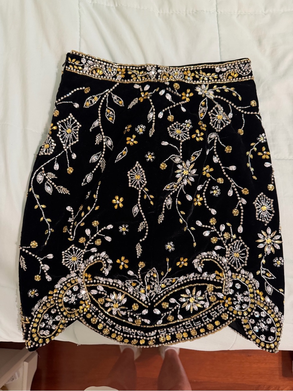 Sherri Hill Black Velvet Mini Skirt with Gold & Silver Embellishment